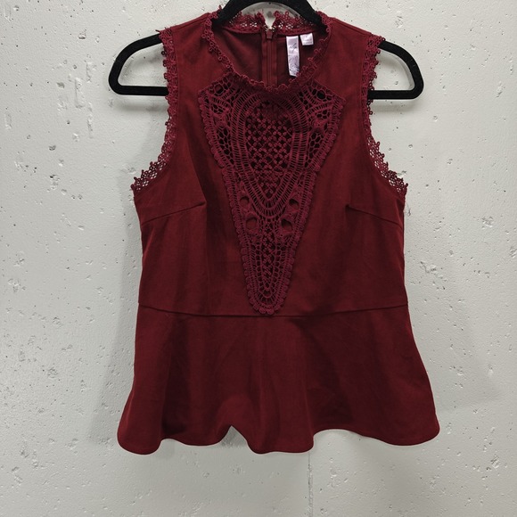 Alya Tops - Alya Womens Blouse Large Burgundy Red Faux Suede Lace Peplum Tank Top‎